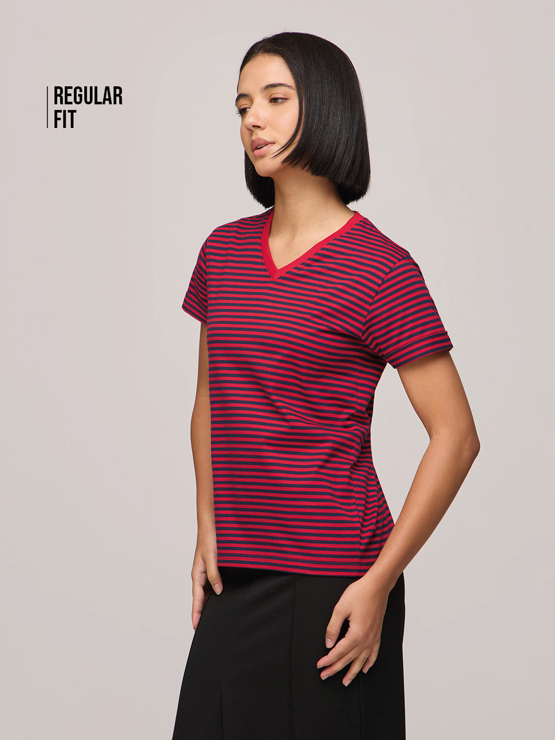 Womens Striped Regular Fit Cotton V-Neck T-Shirt
