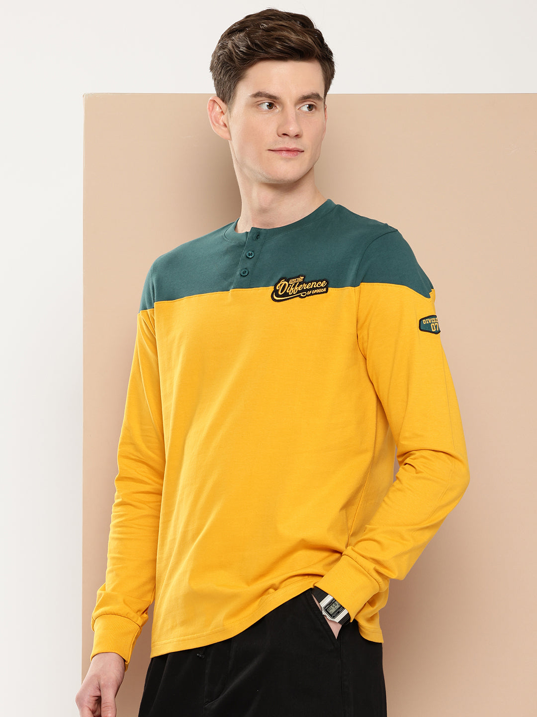 Mens Full Sleeve Henley Neck Colourblocked Regular Fit Tshirts