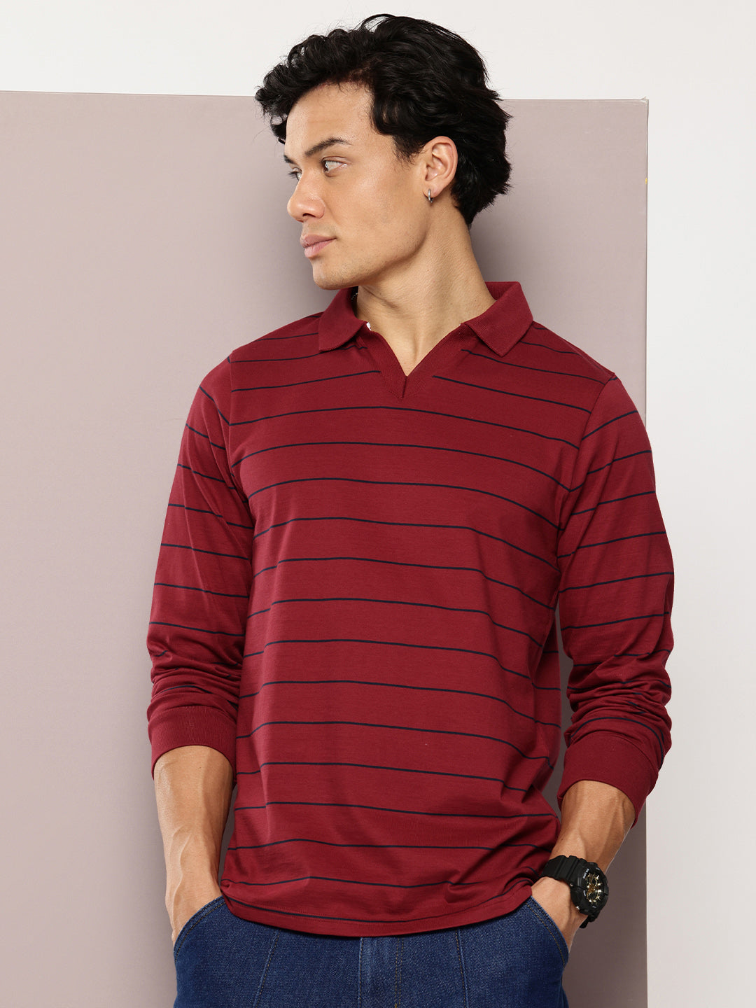 Mens Full Sleeve Polo Neck Striped Regular Fit Tshirts