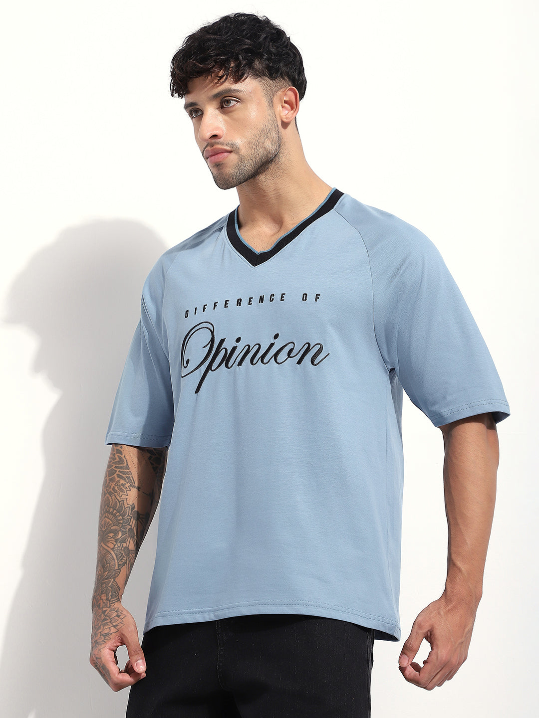 Mens Half Sleeve V-Neck Embroidered Oversized Fit Tshirts