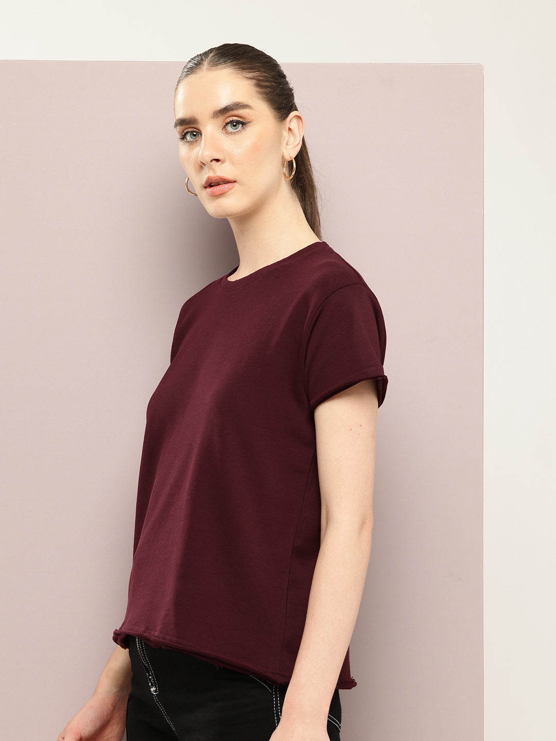 Womens Half Sleeve Round Neck Solid Boxy Fit Tshirts