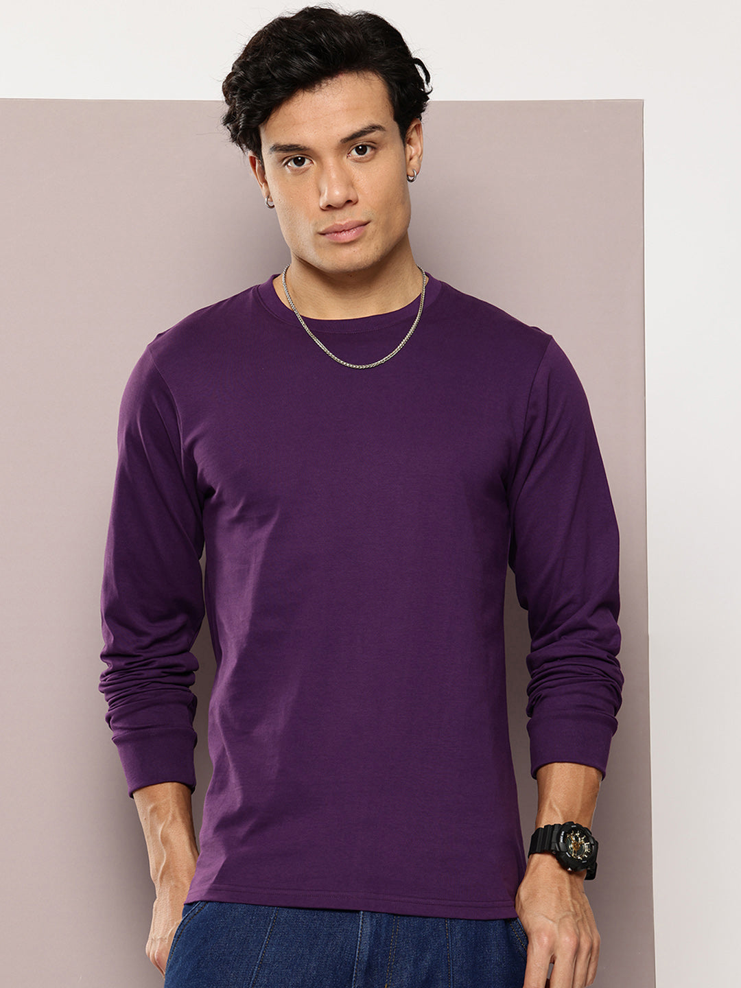 Mens Full Sleeve Round Neck Solid Regular Fit Tshirts