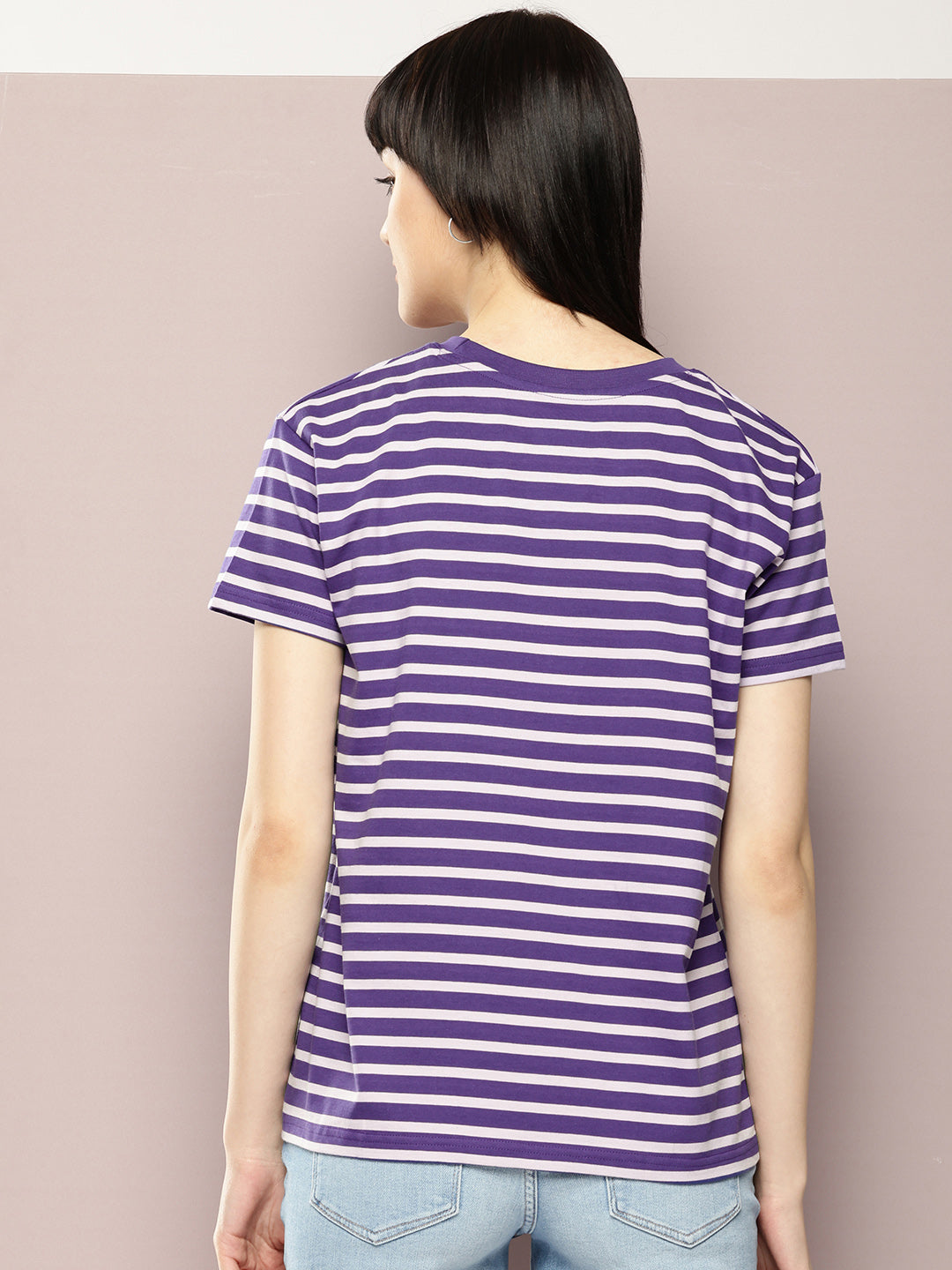 Womens Half Sleeve Round Neck Striped Boxy Fit Tshirts