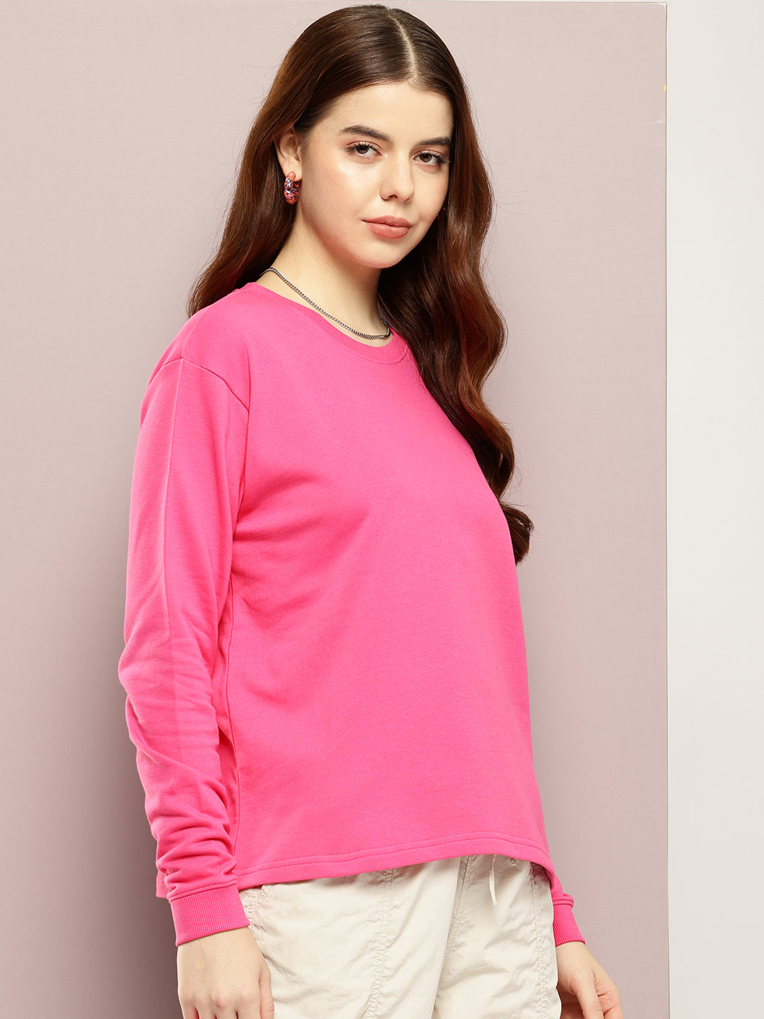 Womens Full Sleeve Round Neck Solid Boxy Fit Tshirts