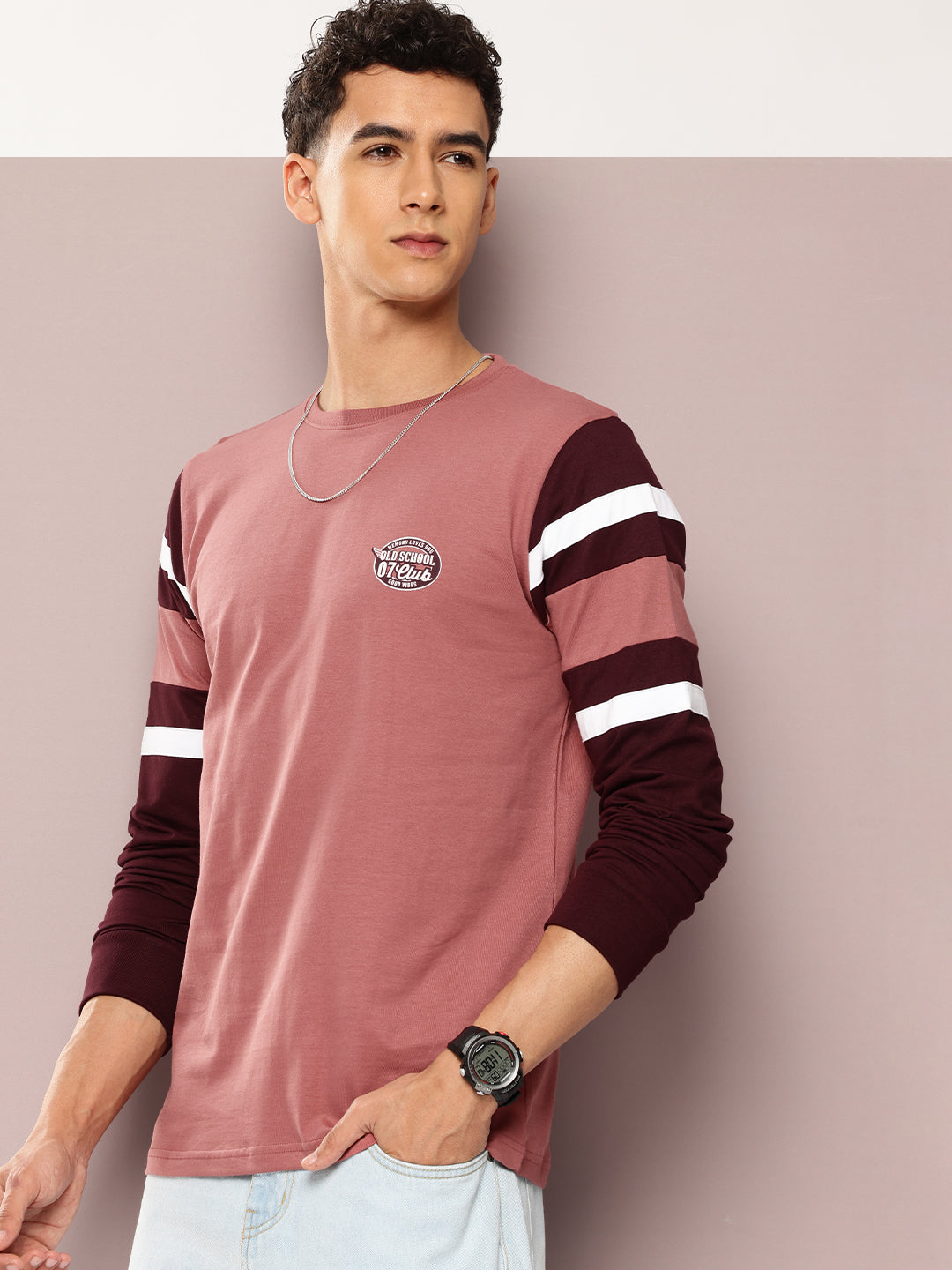 Mens Full Sleeve Round Neck Colourblocked Regular Fit Tshirts