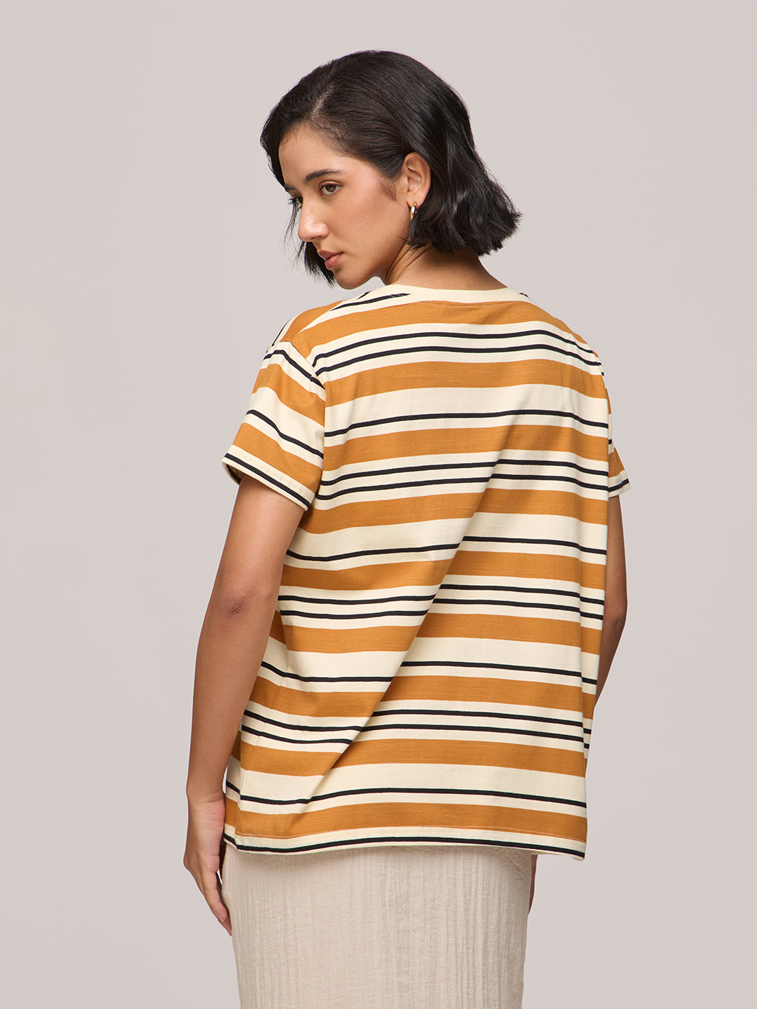 Womens Striped Boxy Regular Fit Cotton T-Shirt