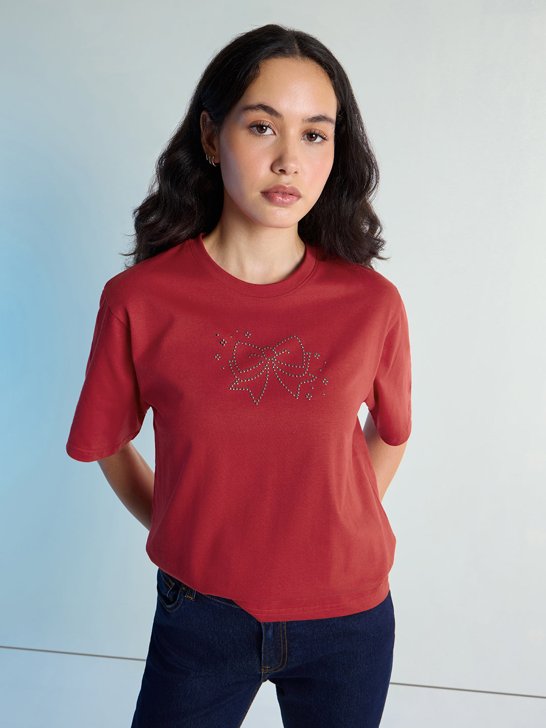 Womens Stud Detailed Oversized Round Neck Tshirt 