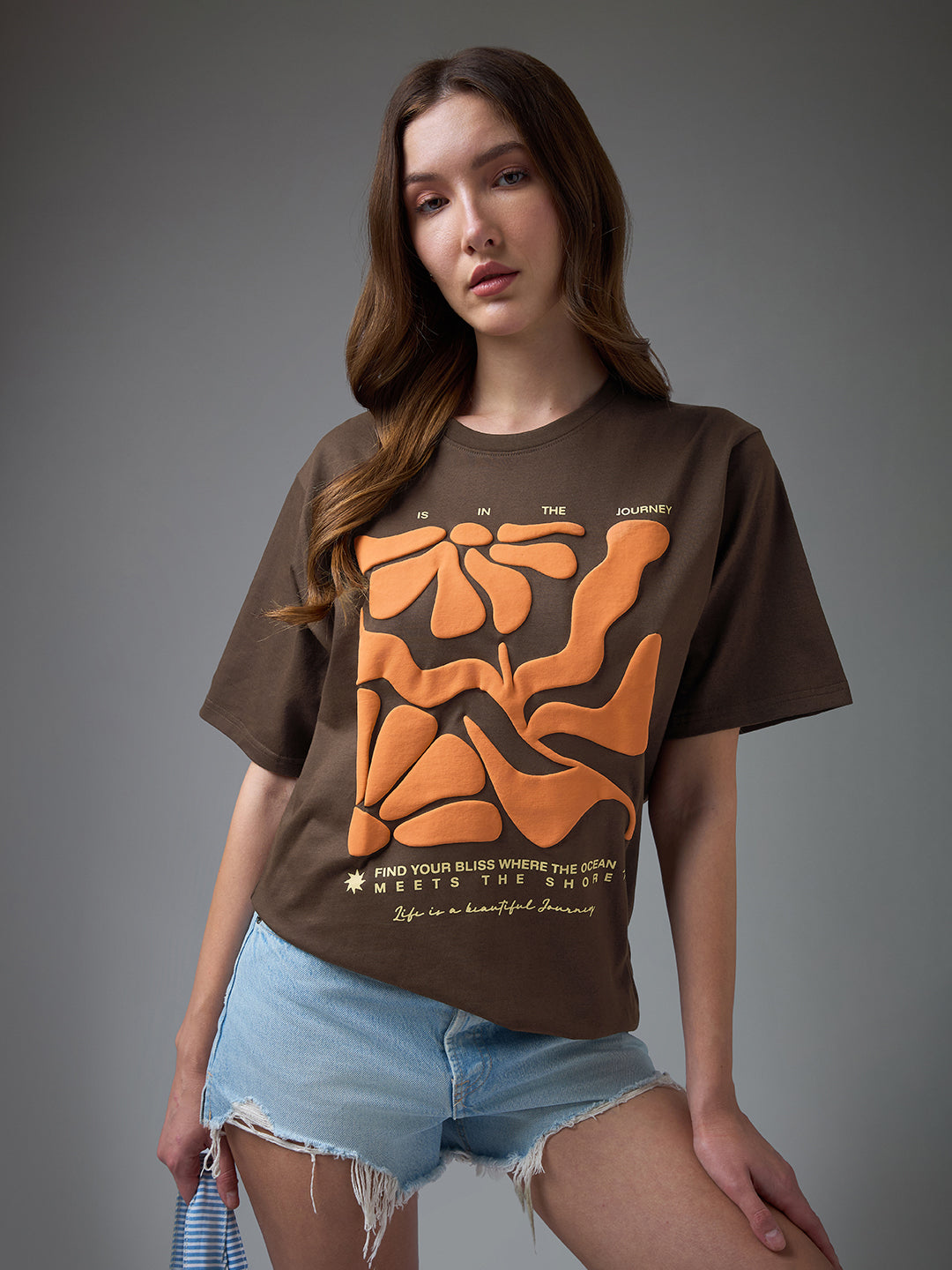 Womens Puff Printed Round Neck Oversized Fit Tshirt