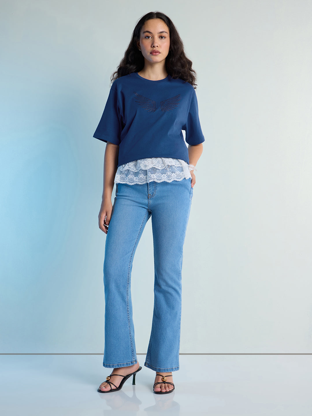 Womens Stud Detailed Oversized Round Neck Tshirt 