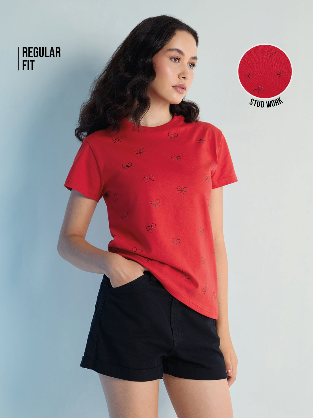 Womens Stud Detailed Regular Fit Round Neck Tshirt 