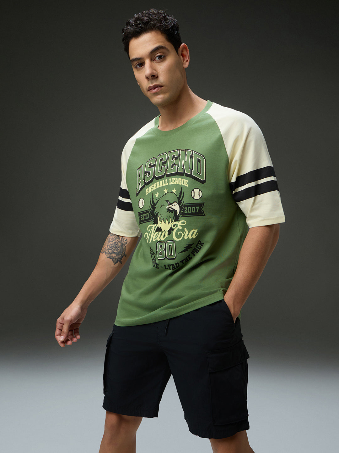 Mens Round Neck Raglan Sleeve Printed Oversized Fit Tshirt