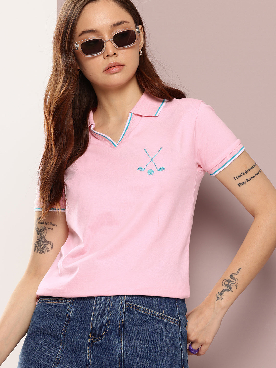 Womens Half Sleeve Polo Neck Embroidered Regular Fit Tshirts