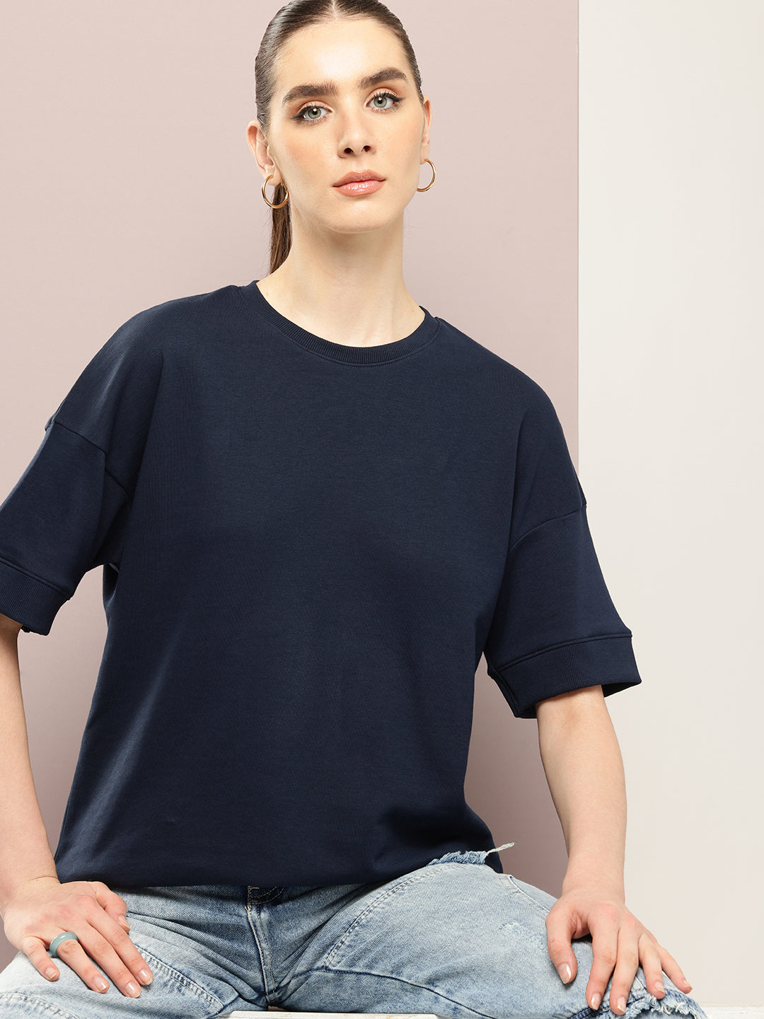 Womens Half Sleeve Round Neck Solid Oversized Fit Tshirts