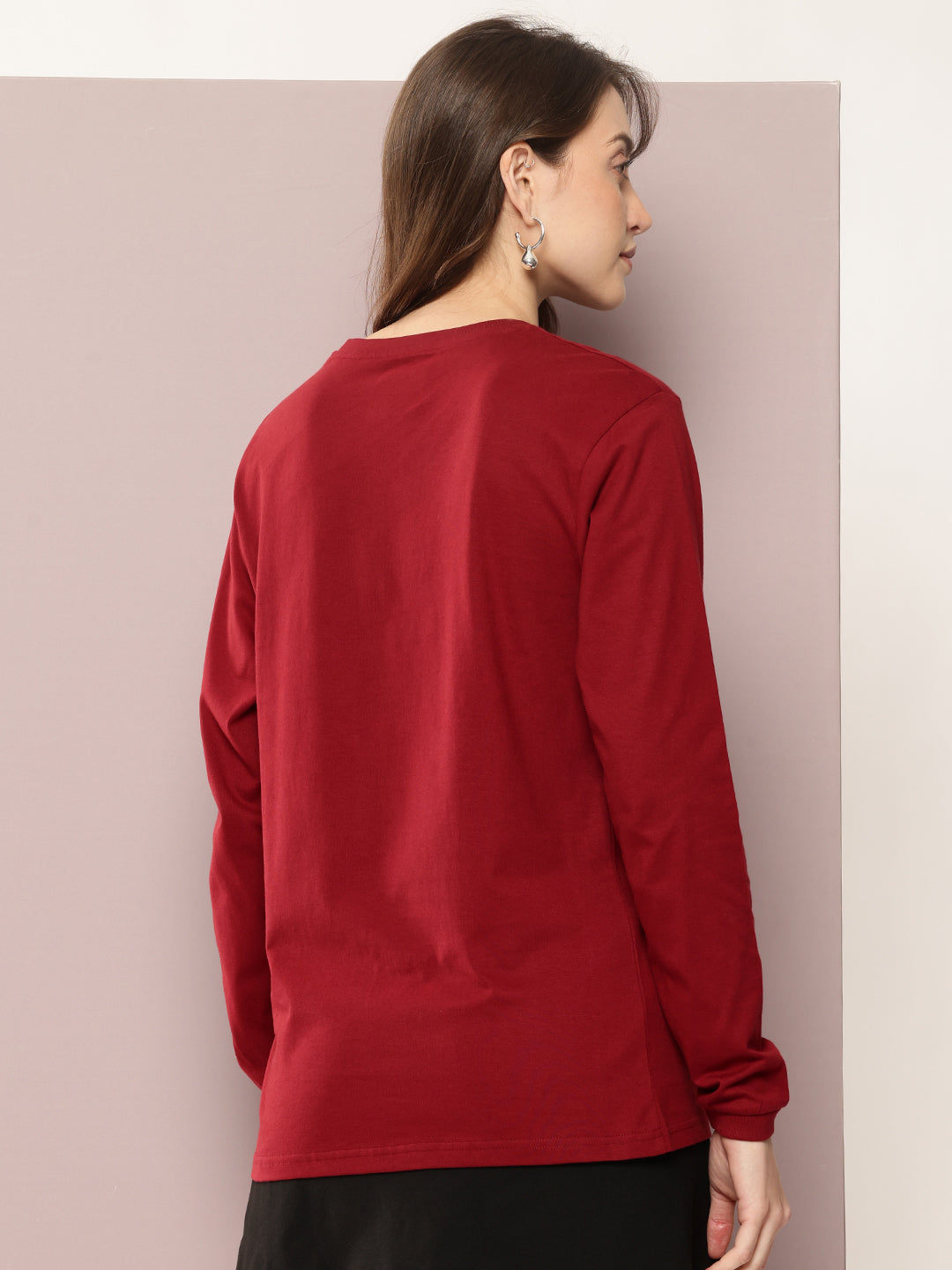 Womens Full Sleeve Round Neck Embroidered Oversized Fit Tshirts