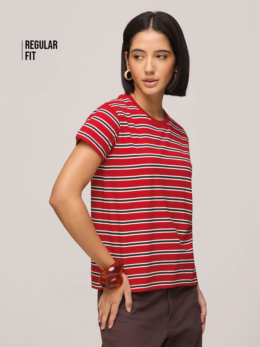 Womens Striped Regular Fit Cotton T-Shirt