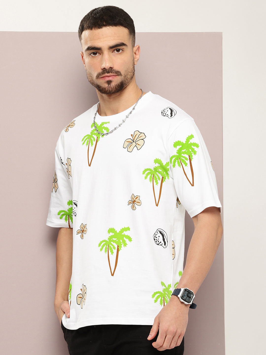 Mens Half Sleeve Round Neck All-Over Printed Oversized Fit Tshirts