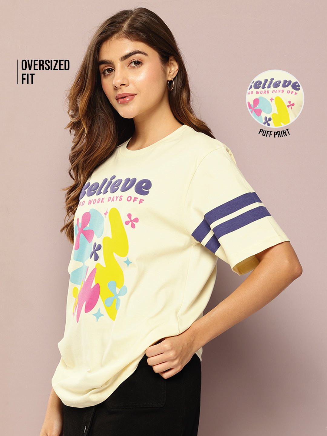 Womens Short Sleeve Puff Printed Oversized Fit Tshirt