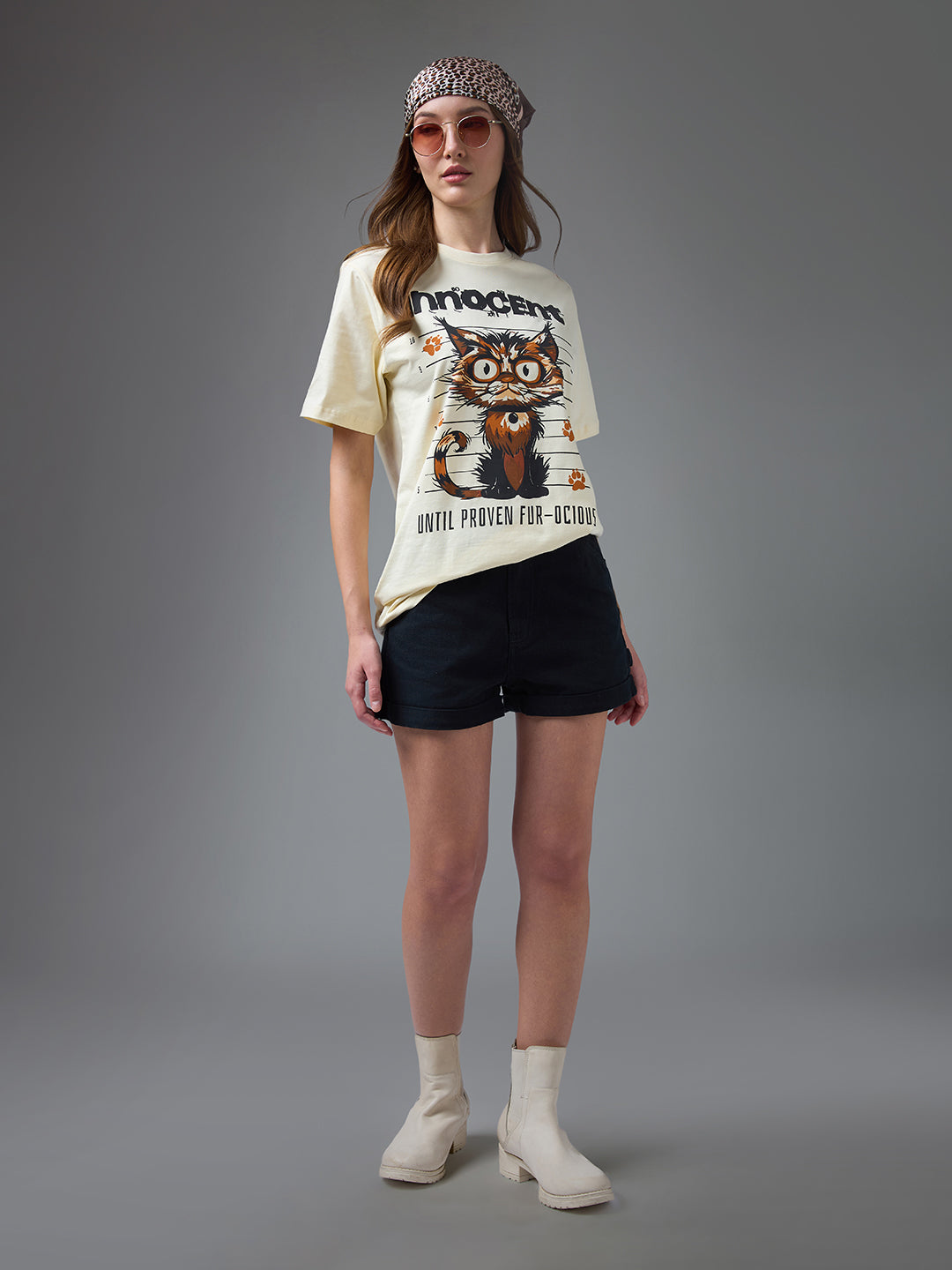 Womens Printed Round Neck Oversized Fit Tshirt