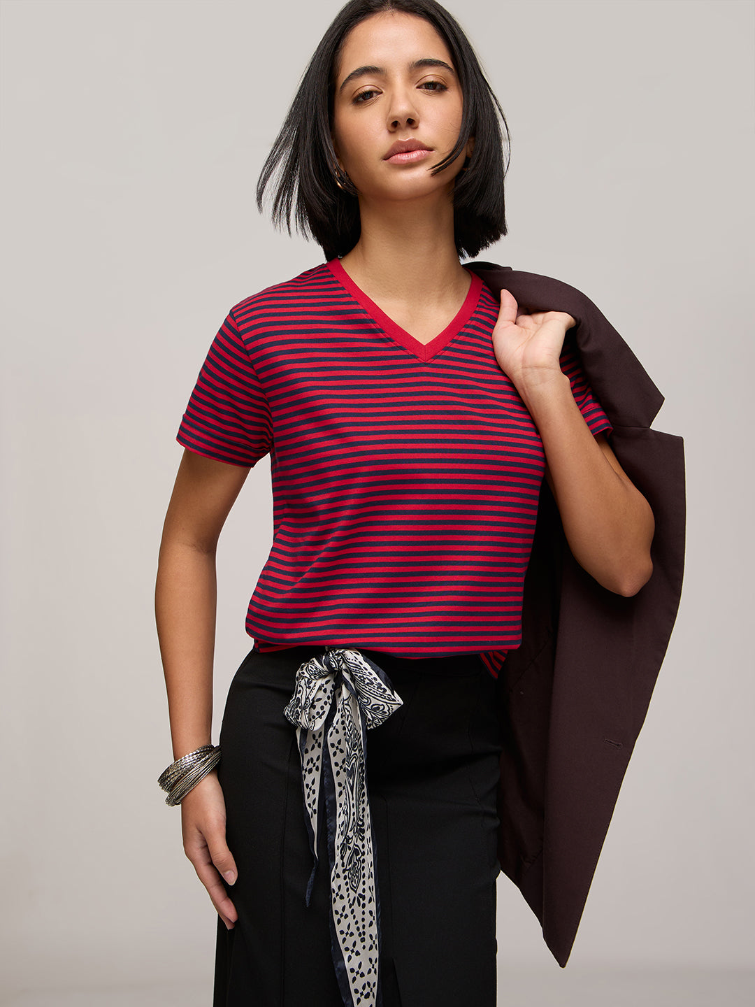 Womens Striped Regular Fit Cotton V-Neck T-Shirt