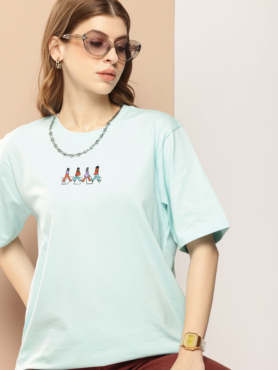 Womens Half Sleeve Round Neck All-Over Printed Oversized Fit Tshirts