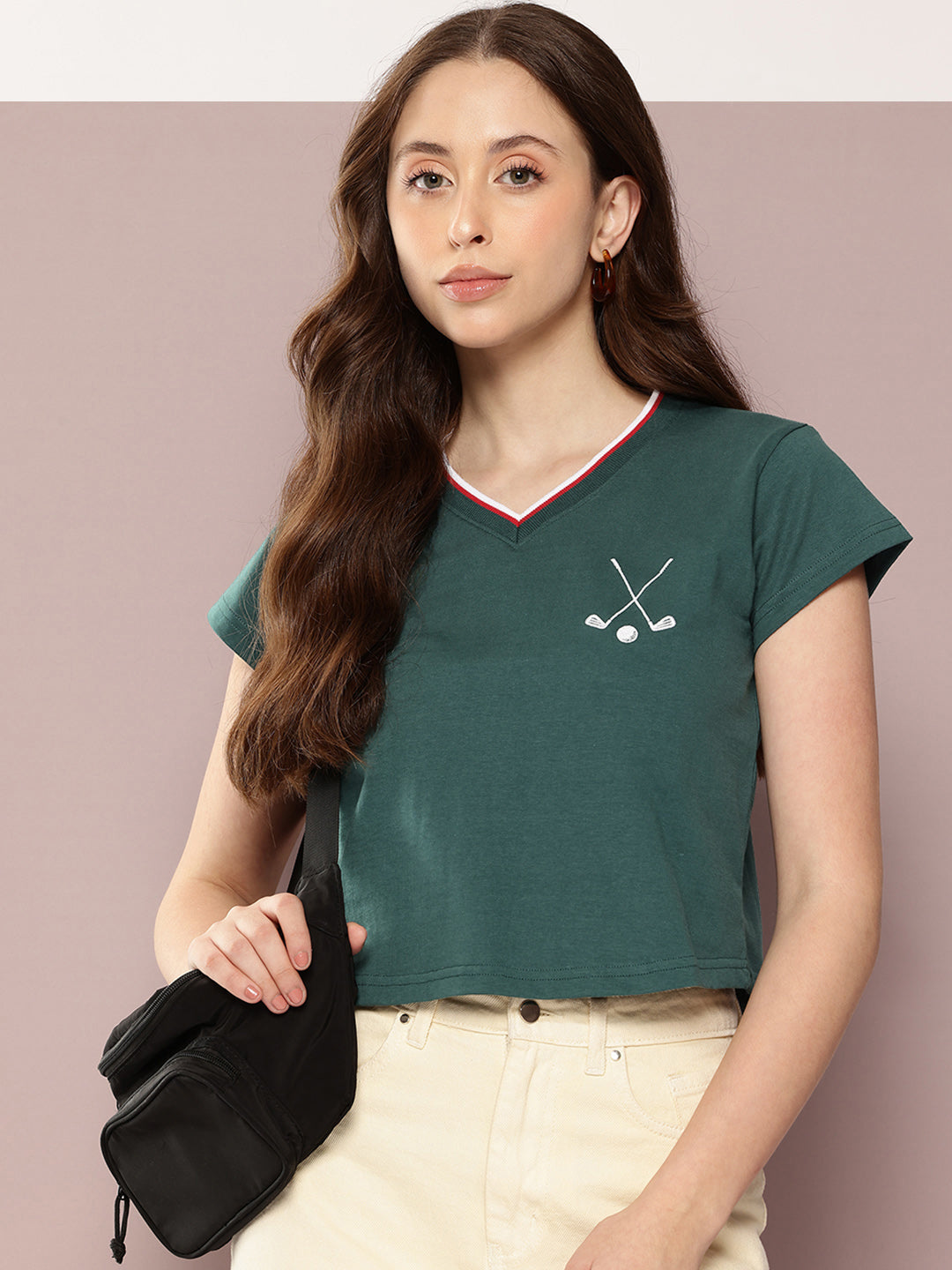 Womens Half Sleeve V-Neck Embroidered Regular Fit Tshirts