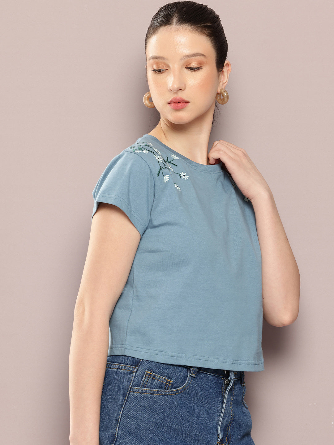 Womens Half Sleeve Round Neck Embroidery Regular Fit Tshirts