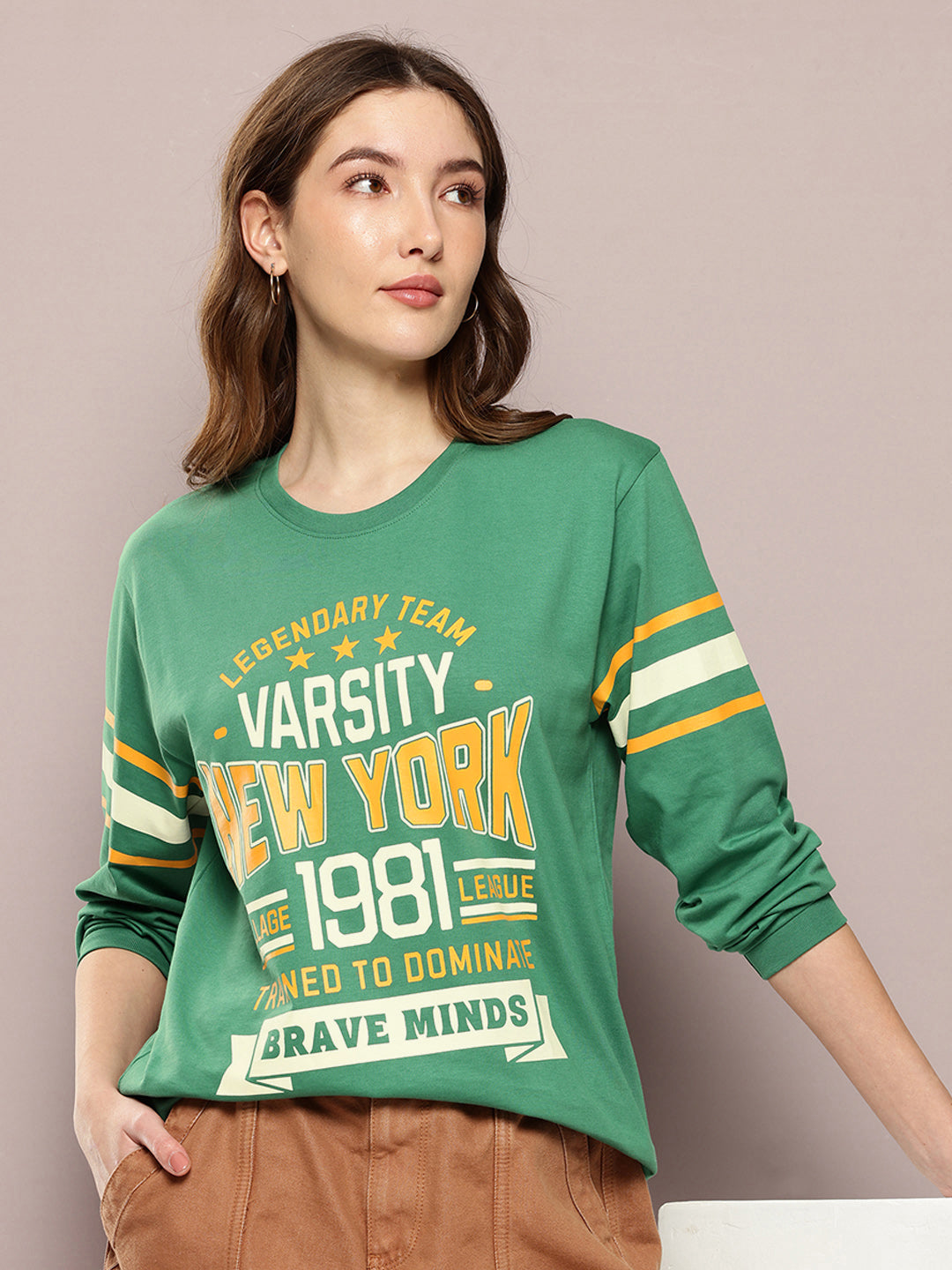 Womens Full Sleeve Round Neck Printed Oversized Fit Tshirts