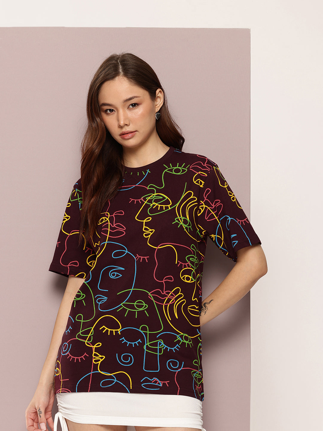 Womens Half Sleeve Round Neck All-Over Printed Oversized Fit Tshirts