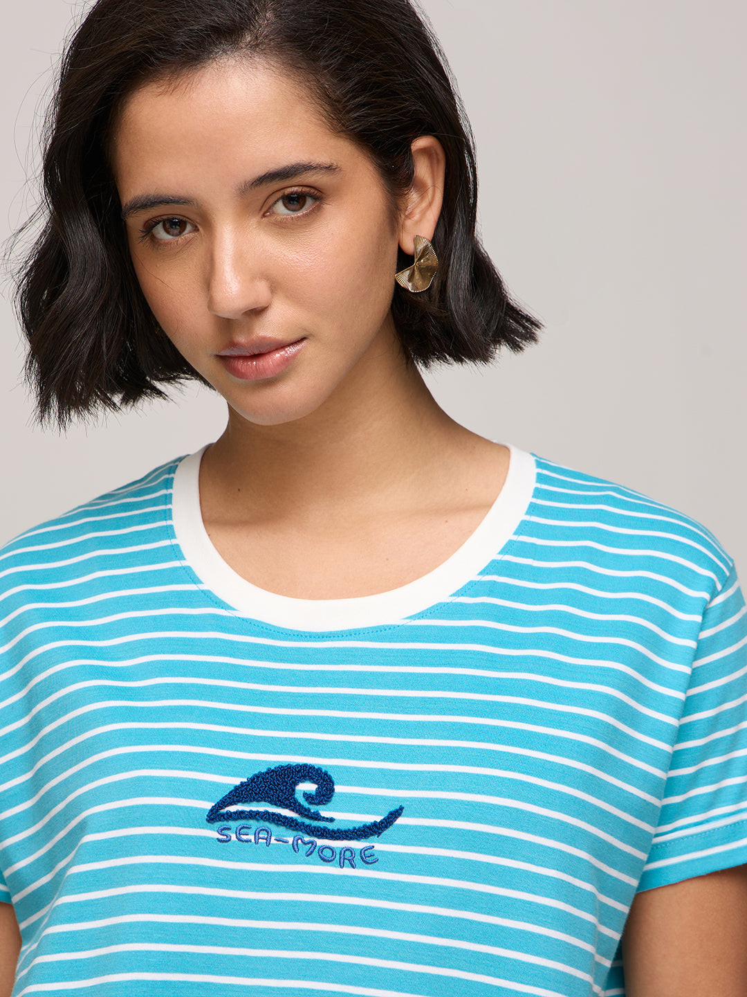 Womens Striped Boxy Regular Fit Cotton T-Shirt