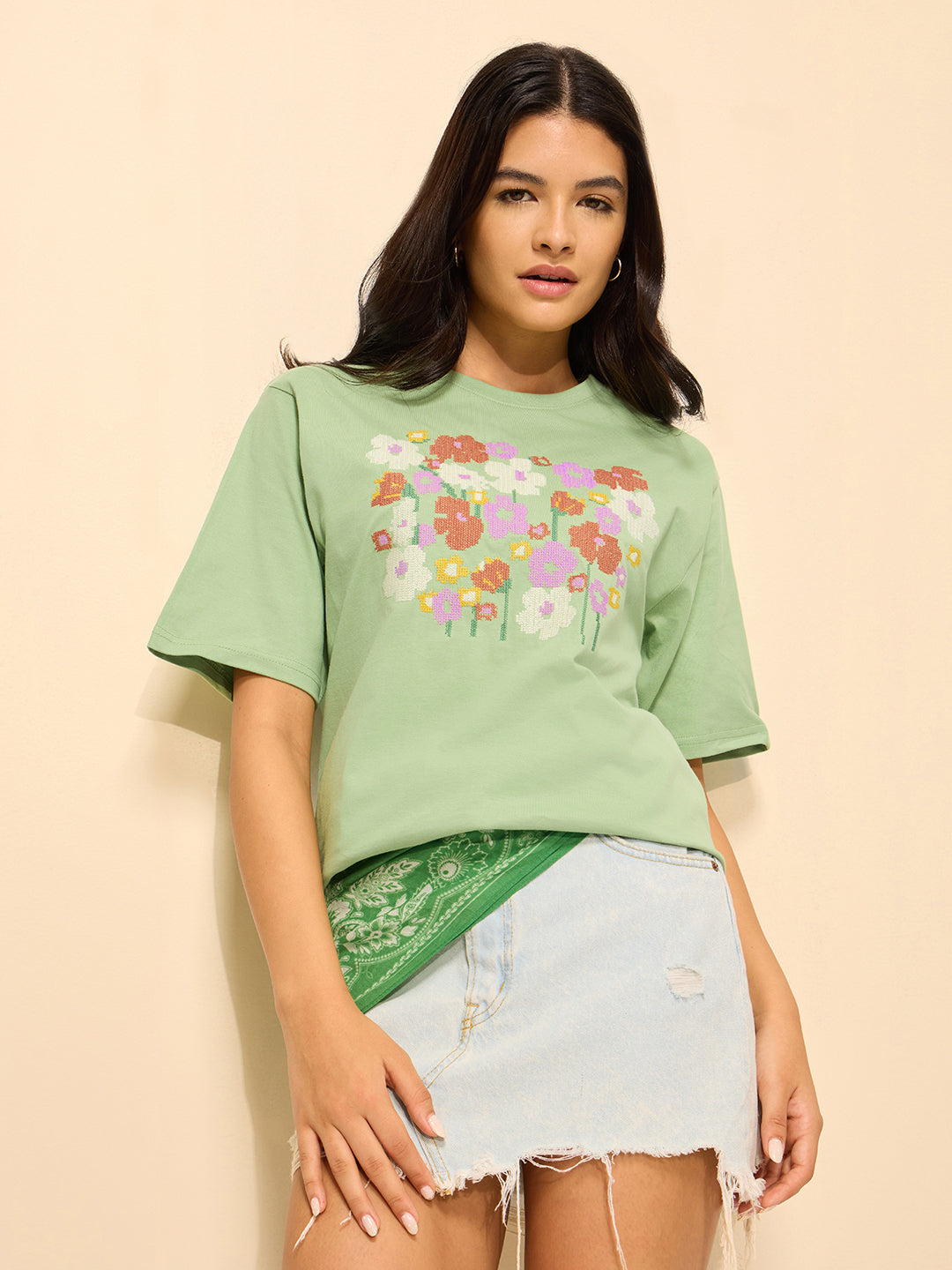 Womens Embroidery Oversized Fit Cotton T-Shirt