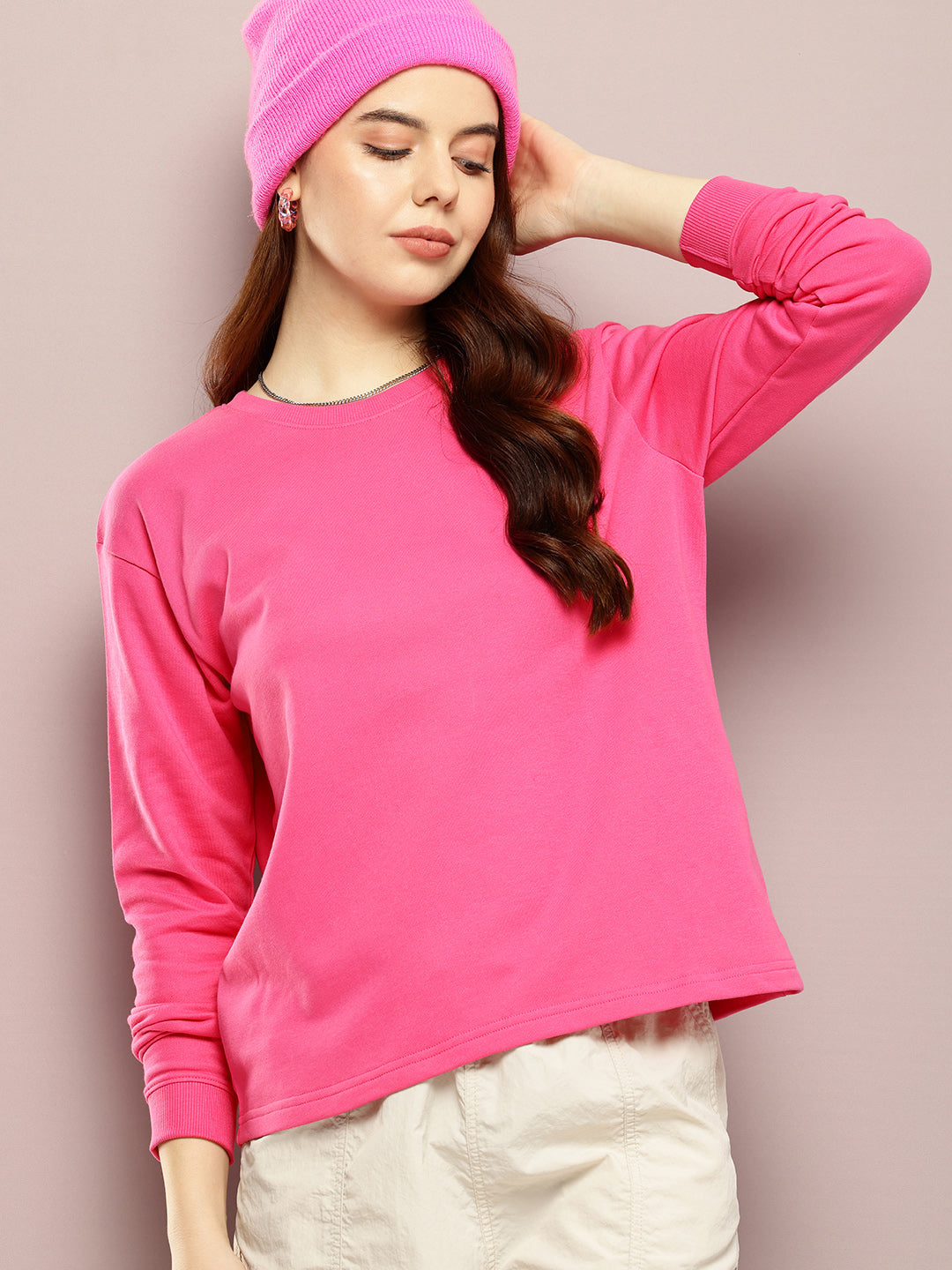 Womens Full Sleeve Round Neck Solid Boxy Fit Tshirts
