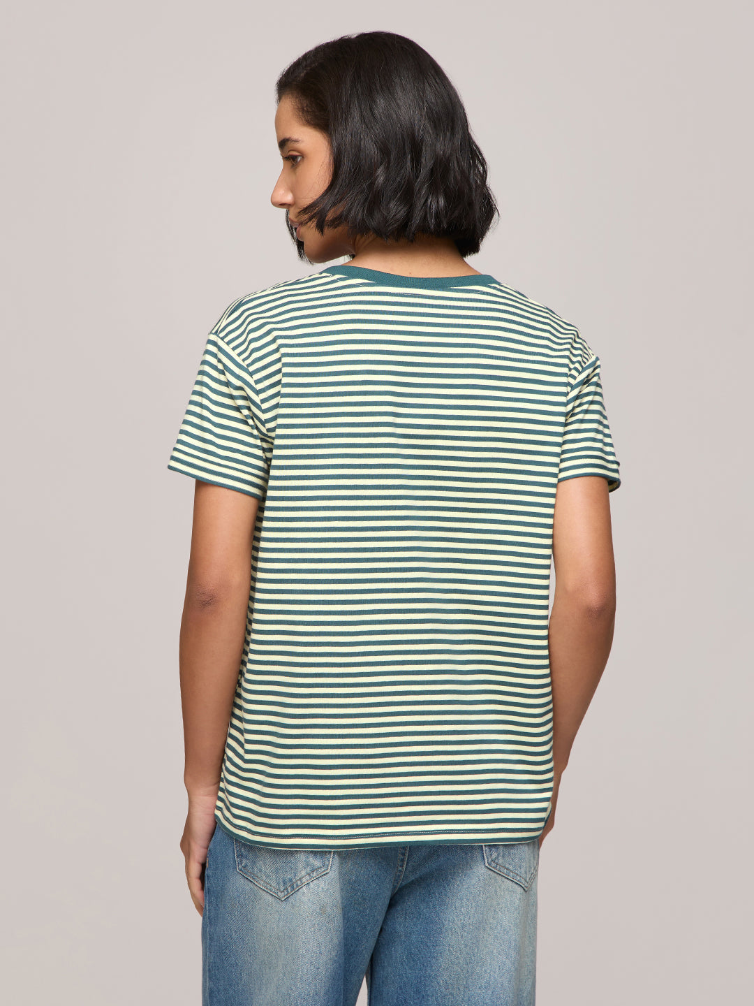 Womens Striped Boxy Regular Fit Cotton V-Neck T-Shirt