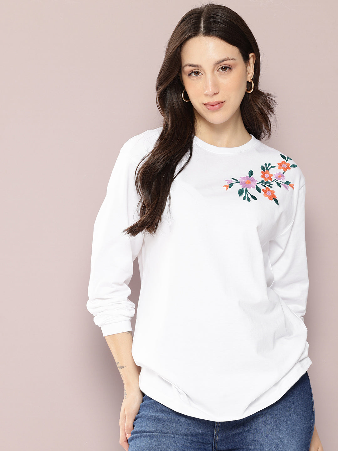 Womens Full Sleeve Round Neck Embroidered Oversized Fit Tshirts