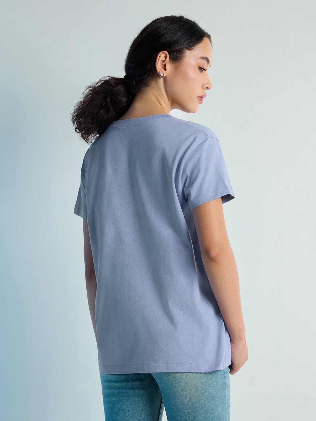 Womens Stud Detailed Boxy Regular Round Neck Tshirt 