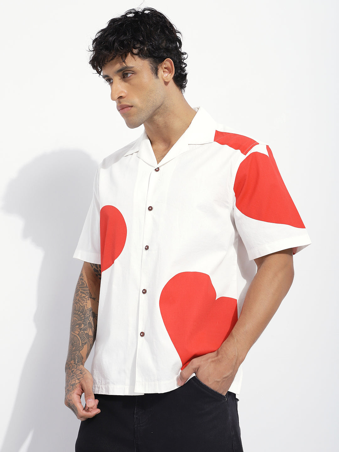 Mens Boxy Regular Short Sleeve Printed White Shirt