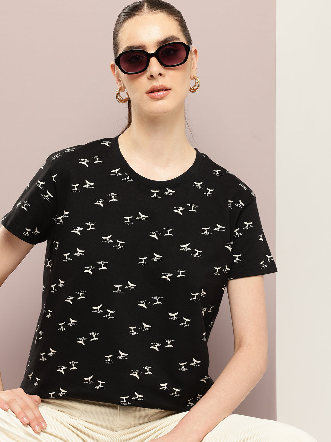Womens Half Sleeve Round Neck All-Over Printed Boxy Fit Tshirts