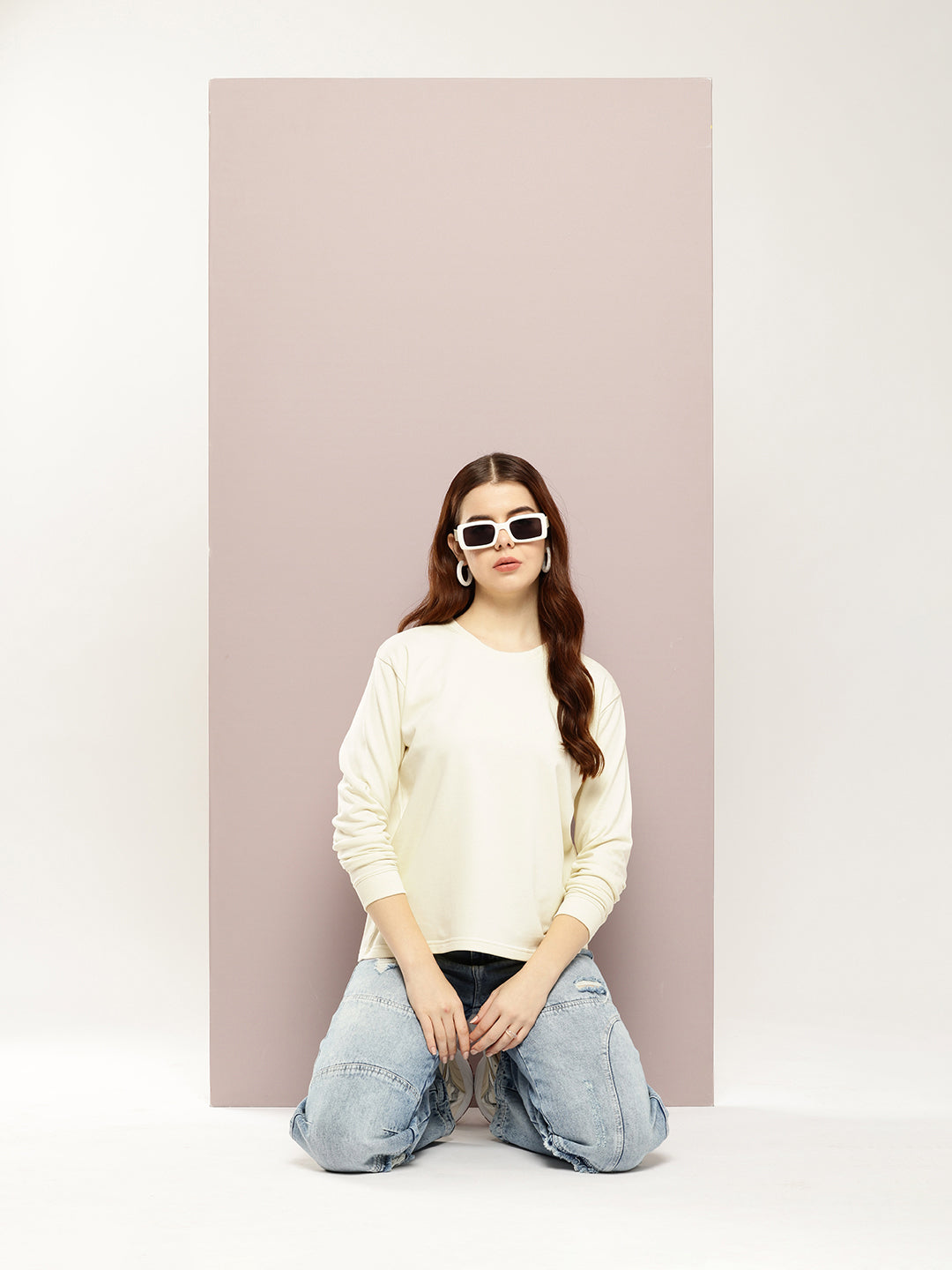 Womens Full Sleeve Round Neck Solid Boxy Fit Tshirts