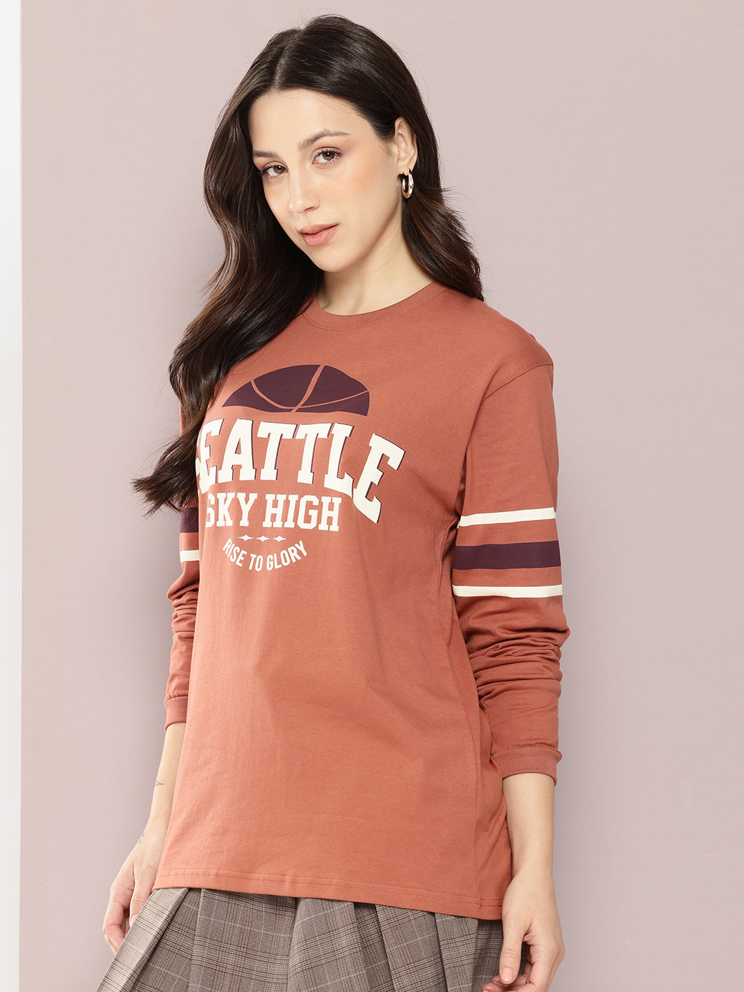 Womens Full Sleeve Round Neck Printed Oversized Fit Tshirts