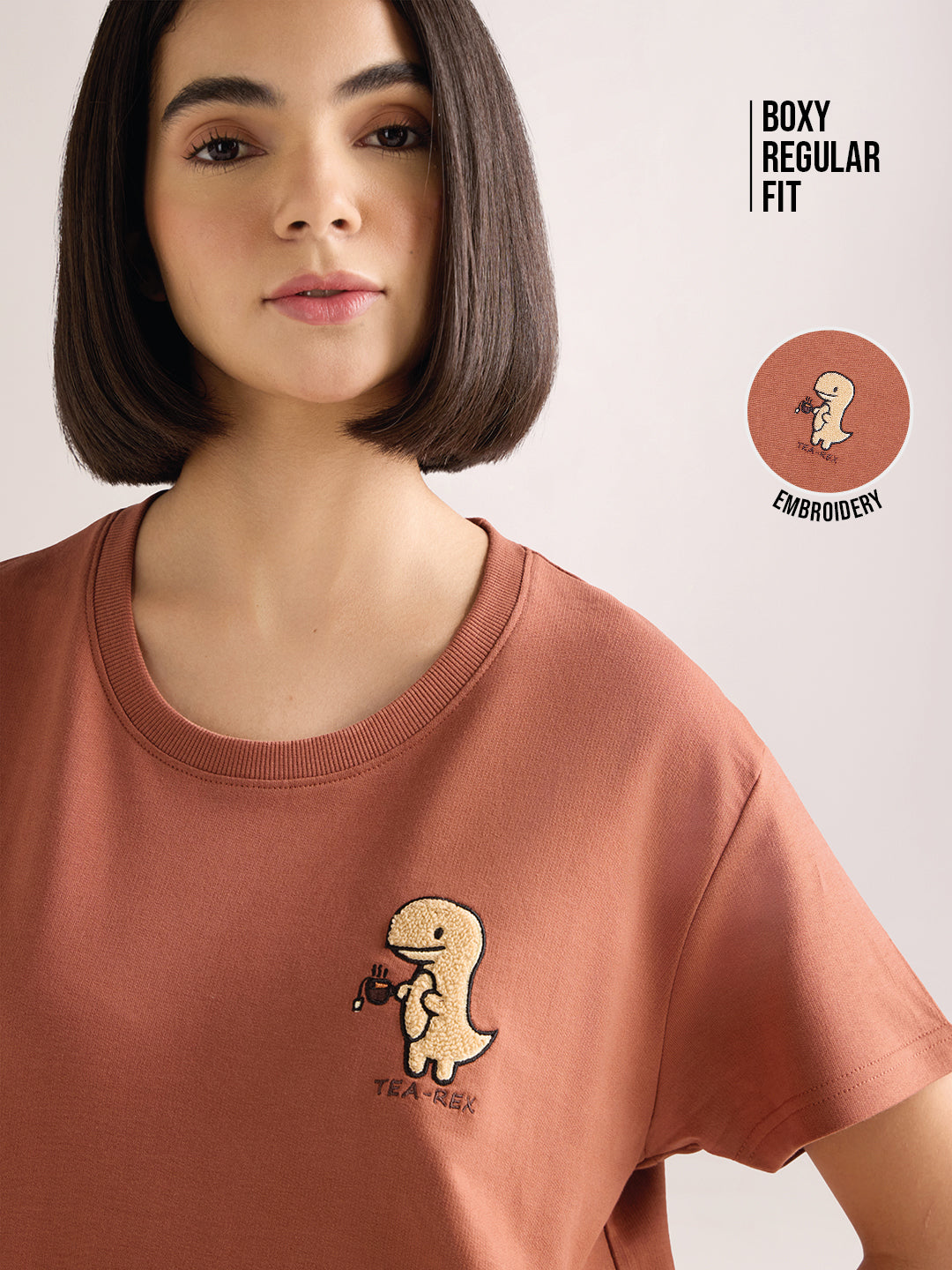 Womens Embroidery Boxy Regular Fit French Terry Cotton Tshirt