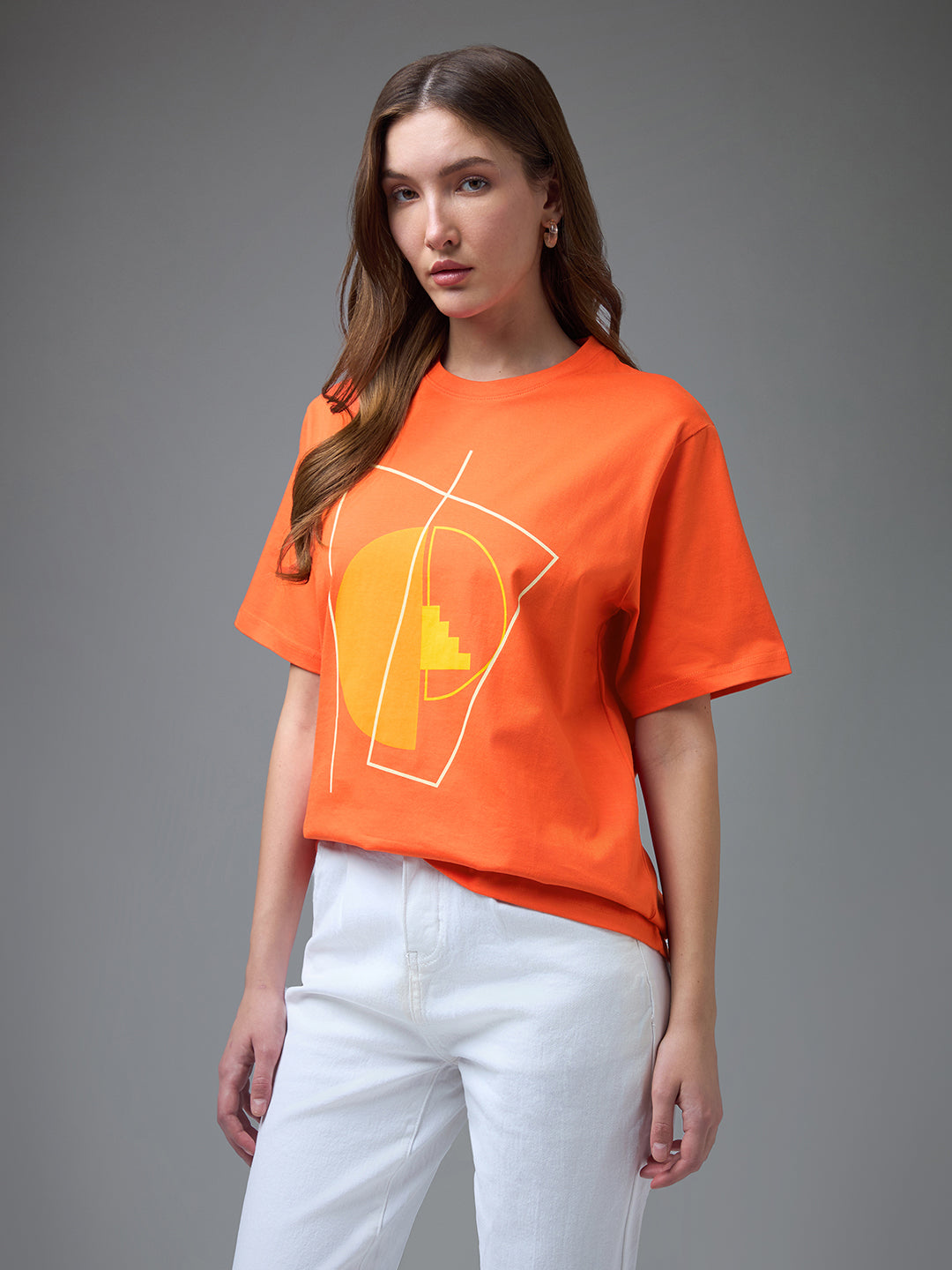 Womens Printed Round Neck Oversized Fit Tshirt