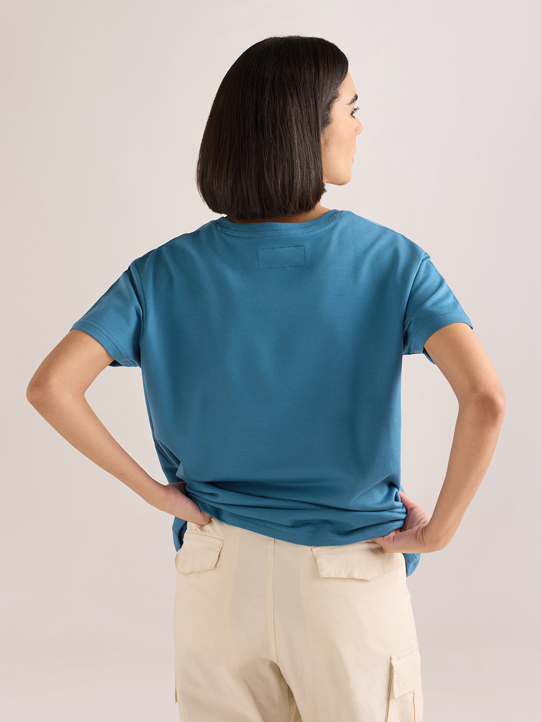 Womens Embroidery Boxy Regular Fit French Terry Cotton Tshirt