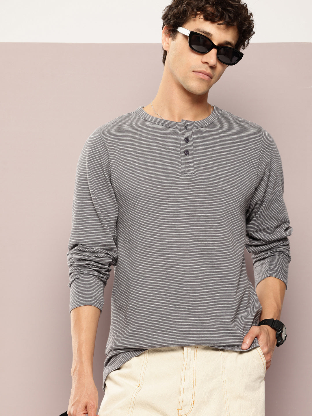 Mens Full Sleeve Henley Neck All-Over Striped Regular Fit Tshirts
