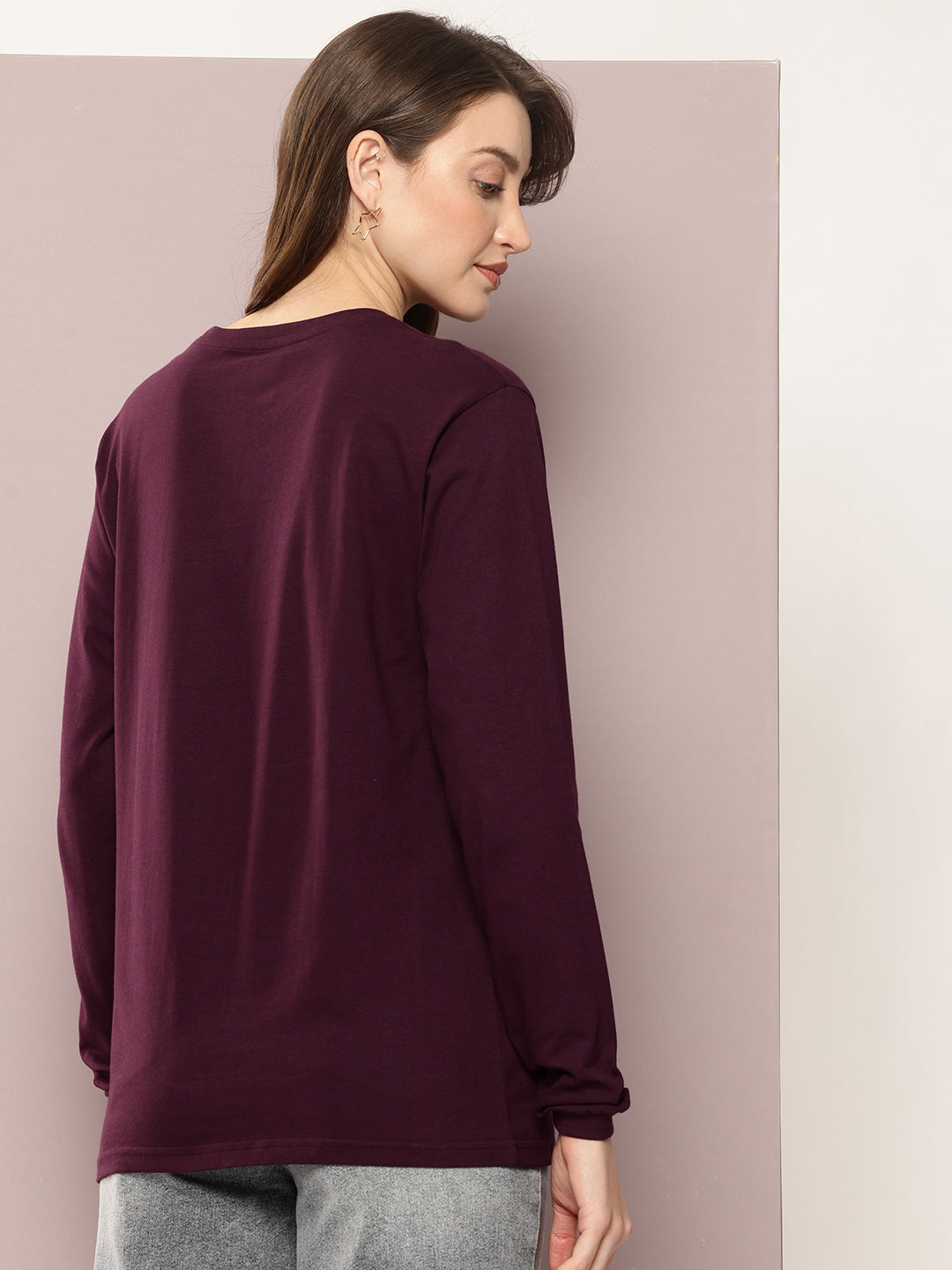 Womens Full Sleeve Round Neck Printed Oversized Fit Tshirts