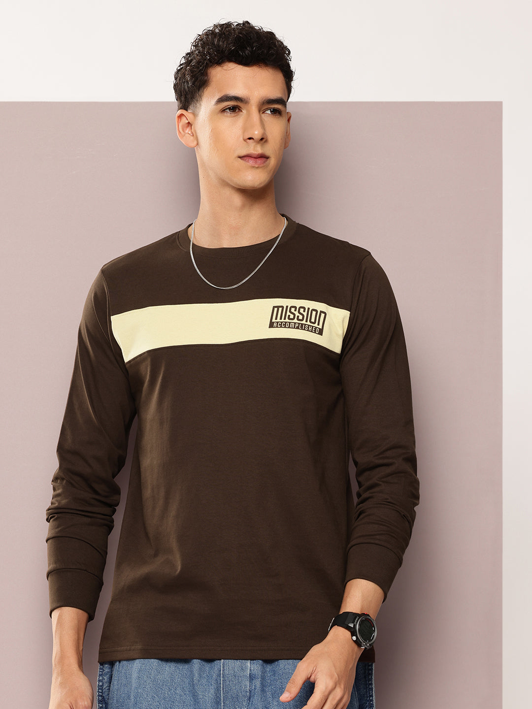 Mens Full Sleeve Round Neck Colourblocked Regular Fit Tshirts