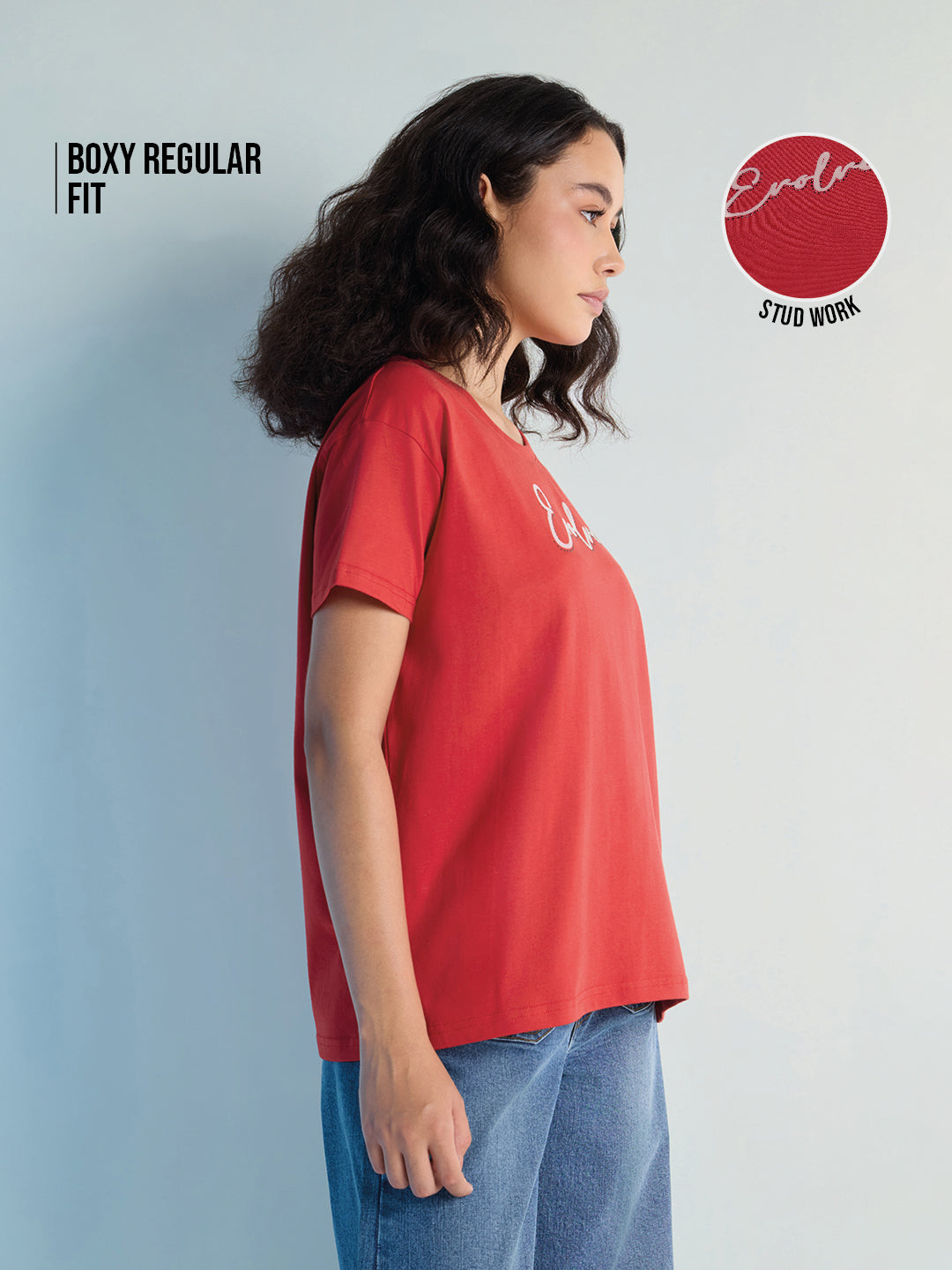 Womens Stud Detailed Boxy Regular Round Neck Tshirt 