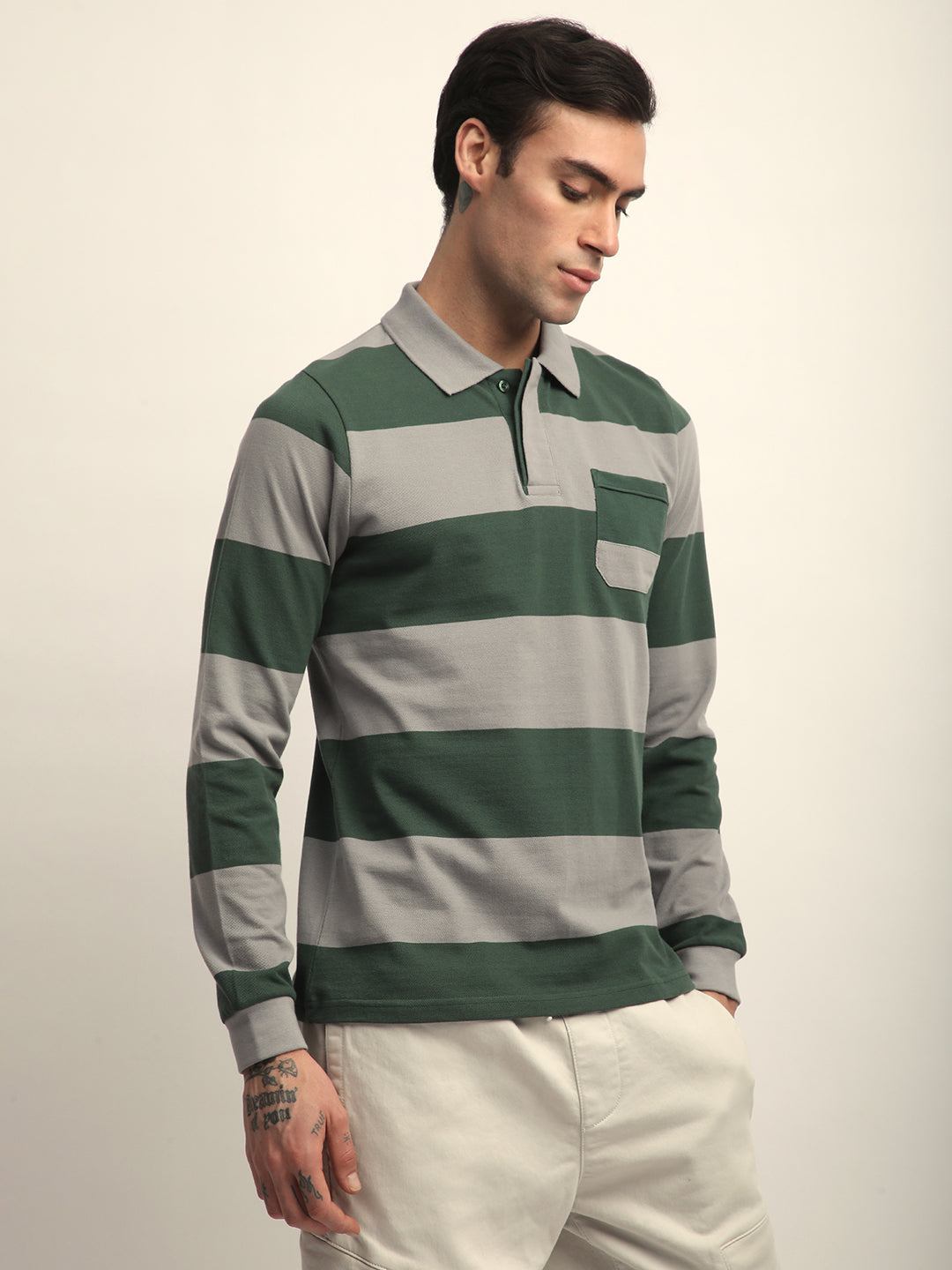 Mens Full Sleeve Polo Neck All-Over Striped Regular Fit Tshirts