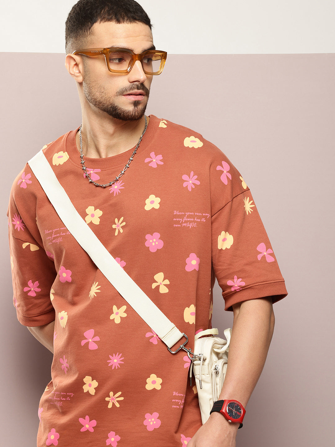 Mens Half Sleeve Round Neck All-Over Printed Oversized Fit Tshirts