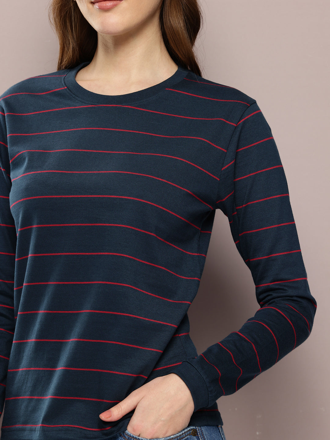 Womens Full Sleeve Round Neck Striped Regular Fit Tshirts