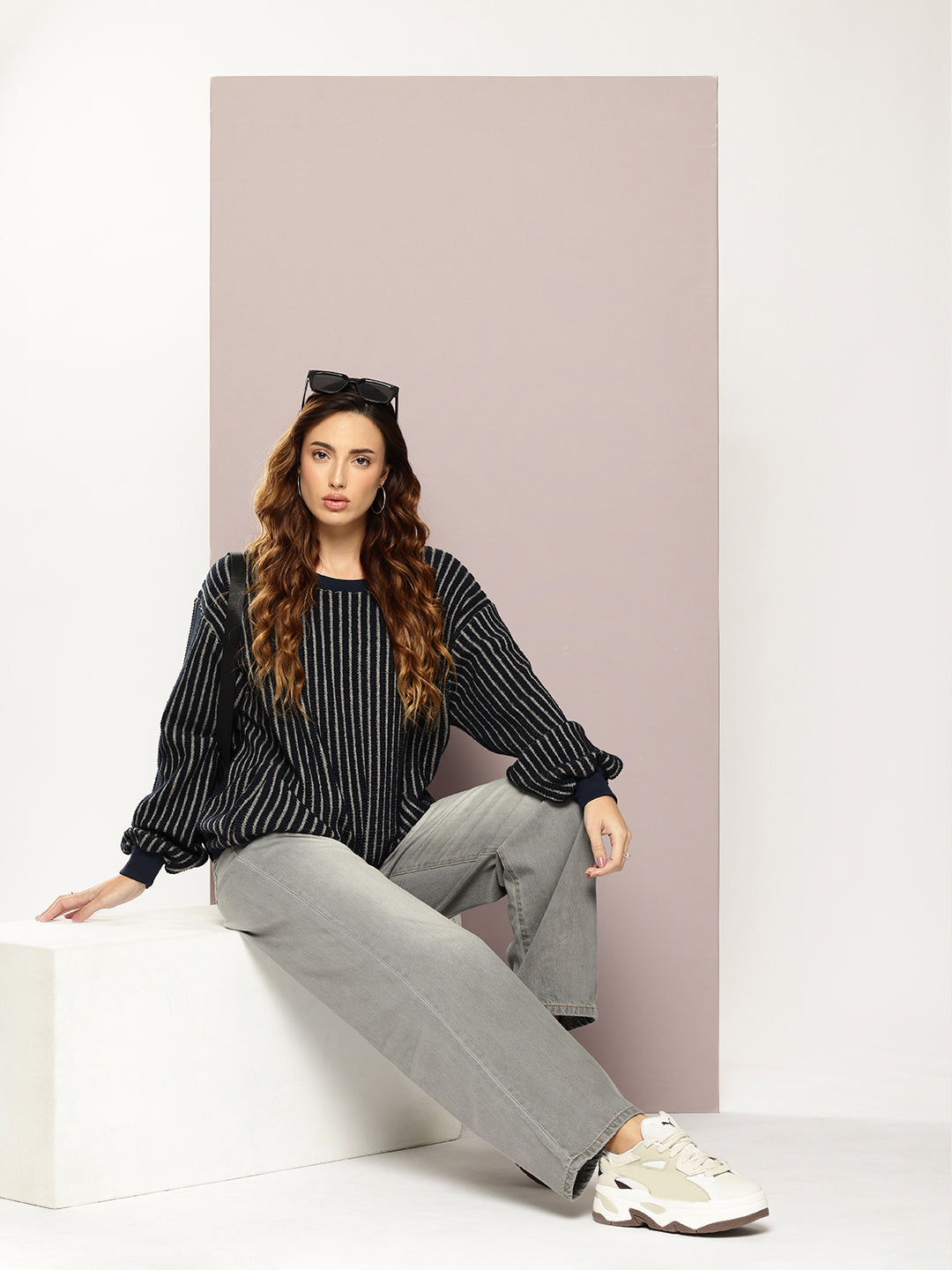 Women Long Sleeve Oversized Striped Sweatshirt