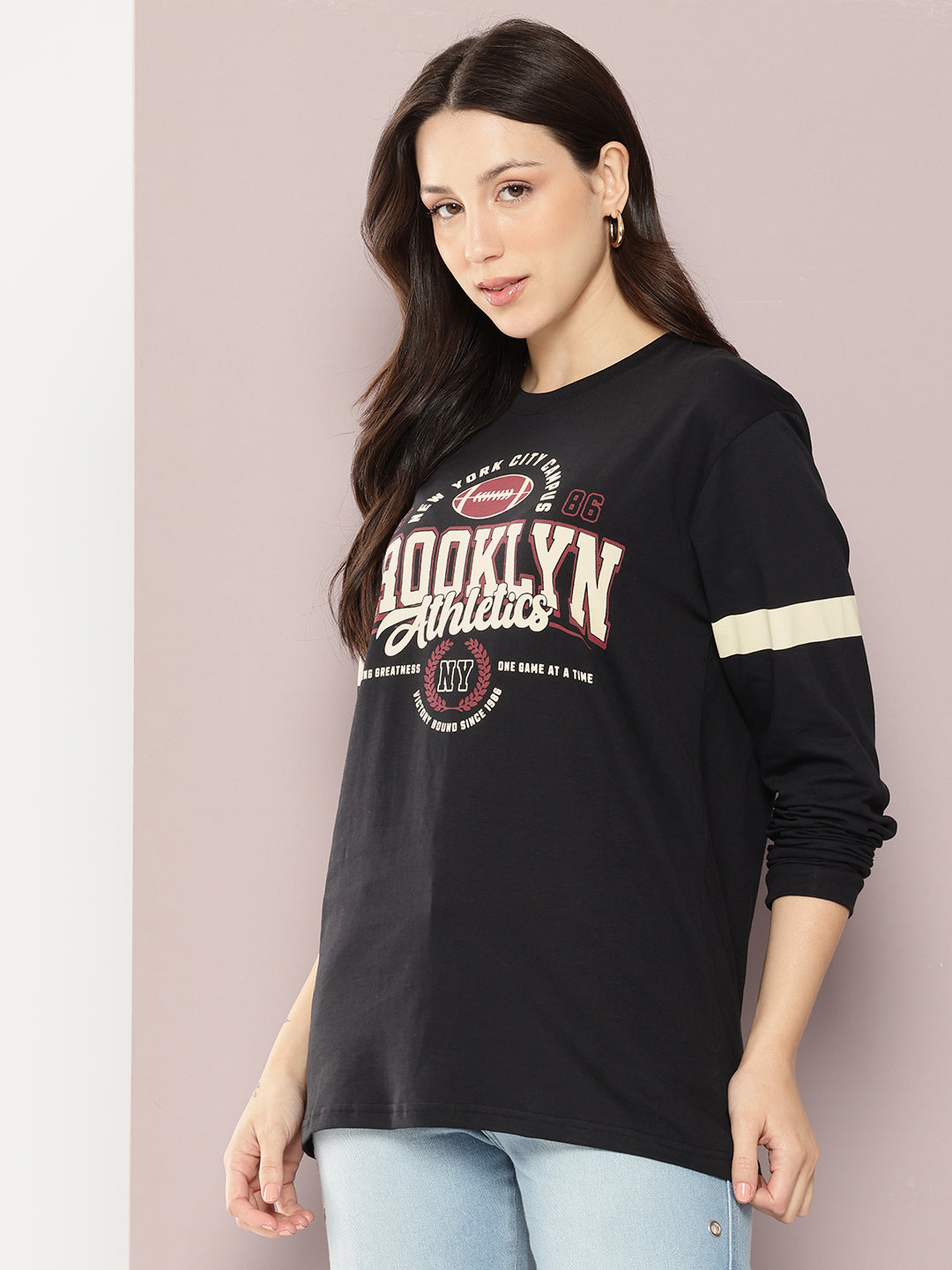 Womens Full Sleeve Round Neck Printed Oversized Fit Tshirts